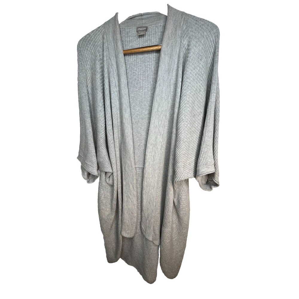 Chicos Windy Gray Sweater Knit Ribbed Layering Cardigan Top Blouse sz 2 / L (15)
